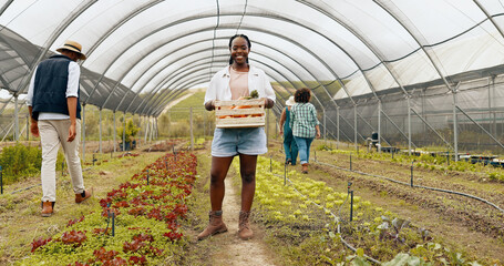 Wall Mural - Black woman, agriculture or face of farmer with basket of vegetables, harvest or fresh produce. Farming sustainability, greenhouse or happy worker with crate of organic crops, natural or healthy food