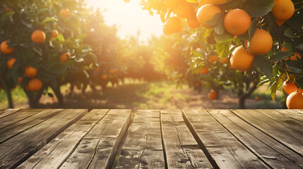 Poster - Empty wood table with free space over orange trees orange field background For product display montage : Generative AI