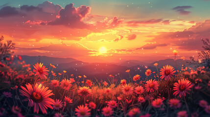 Wall Mural - sunset in the daisy field psychedelic style