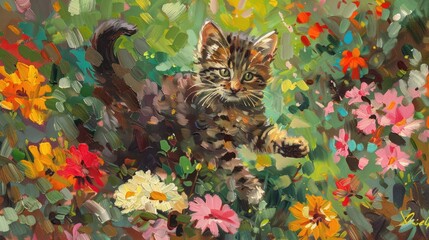 Wall Mural - An oil painting capturing the beauty of a precious kitten frolicking in a vibrant garden