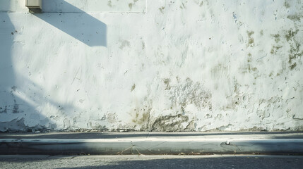 Poster - White weathered surrounding wall with white building on behind Sidewalk and asphalt road in front Background for copy space : Generative AI