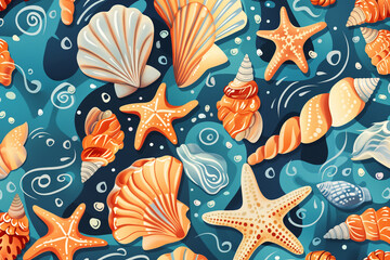 Wall Mural - Sea shells and starfish in various shapes and sizes on blue background