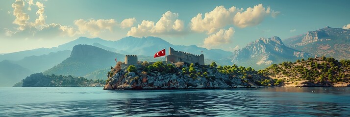 Wall Mural - Mountains and Turkish flag on the castle, view from sea, Turkey Kekova realistic nature and landscape