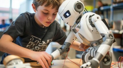 Poster - A boy is interacting with a robot during a classroom activity, focusing intently on the task at hand.