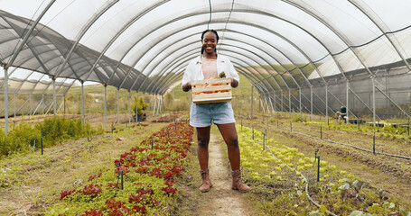 Wall Mural - Black woman, agriculture or face of farmer with basket of vegetables, harvest or fresh produce. Farming sustainability, greenhouse or happy worker with crate of organic crops, natural or healthy food
