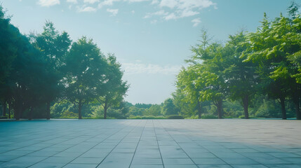 Empty square floor and green forest under blue sky : Generative AI