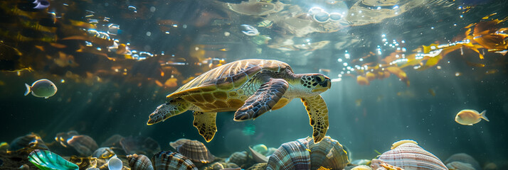 Wall Mural - Sea turtle glides over colorful seabed filled with shells, corals and ray of sunlight banner. Panoramic web header. Wide screen wallpaper