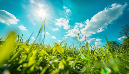 Poster - Lush green grass blades reaching up towards a sunlit sky speckled with fluffy clouds, embodying freshness and growth