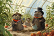 Three moles in a greenhouse tend to a fresh harvest of tomatoes in a farmer's greenhouse, postcards about agriculture and a local farm during harvest.