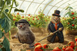 Tomato thieves, two moles in a greenhouse stealing a farmer's fresh harvest of tomatoes, postcards about agriculture and a local farm during harvest