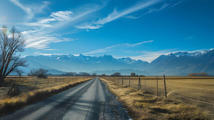 Poster - country road  and mountains under the blue sky : Generative AI