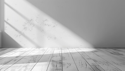 Poster - Minimalistic design of an empty white room with strong sunlight casting sharp shadows on wall and floor