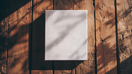 Poster - Square white canvas for painting lies on a wooden surface 919 : Generative AI