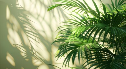 Poster - Soft light filters through the lush green foliage of palm leaves, portraying a serene and tranquil greenery environment