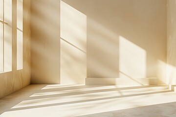 Poster - Minimalist aesthetic of a room illuminated by sunlight casting striking sharp shadows on a plain white wall