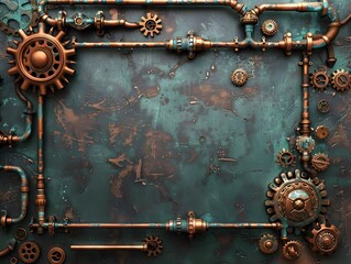 Wall Mural - Ornate Steampunk Inspired Mechanical Frame with Gears and Pipes in Warm Copper Tones