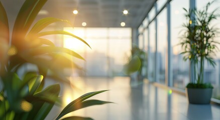 Canvas Print - Bright and airy modern office space with large windows and vibrant green plants, capturing the essence of a healthy work environment