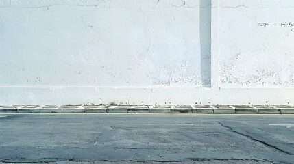 Poster - White weathered surrounding wall with white building on behind Sidewalk and asphalt road in front Background for copy space : Generative AI