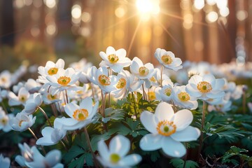 Canvas Print - Warm sunlight bathes a field of white anemone flowers, capturing their gentle sway at sunset