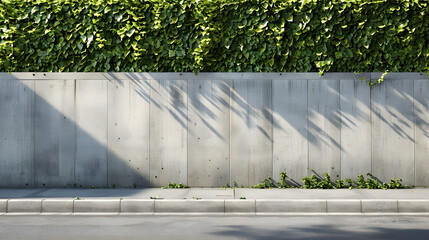 Poster - House fence consisting by a long concrete rectangle block wall and a hedge above Cement sidewalk and asphalt street in front Background for copy space : Generative AI