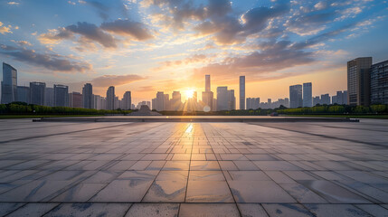 Poster - Empty square floors and city skyline with modern buildings at sunset in Suzhou Jiangsu Province China high angle view : Generative AI