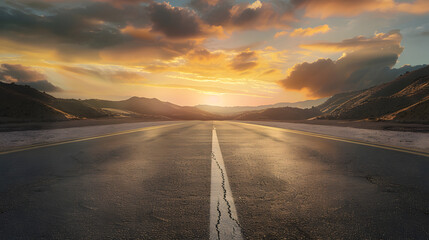 Poster - Asphalt road and mountain with sky clouds at sunset : Generative AI
