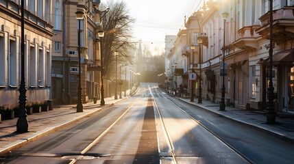 Poster - City street with empty road and morning light in Europe Lithuania Vilnius : Generative AI