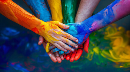 Close-up of six colorful rainbow painted hands are catching each others on abstract background. Background design for the Pride month festival. Top view.