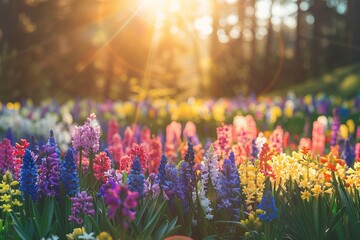 Canvas Print - Warm sunlight illuminates a vibrant field of multicolored spring flowers in nature's full bloom