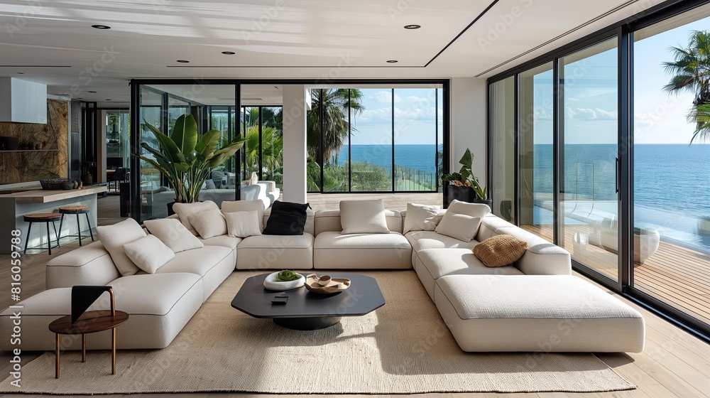 An expansive modern living room in a luxury beachfront home with large ...