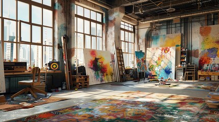 Spacious artist s loft workspace with scattered paint supplies and large canvases Pop Art