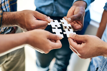 Aufkleber - Puzzle, business and hands for collaboration, planning and teamwork for hope and goals. Partnership, connection and trust for company, solutions and vision for support, idea and investment for people