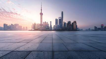 Poster - Empty square floor and city skyline with buildings in Shanghai at sunset China : Generative AI