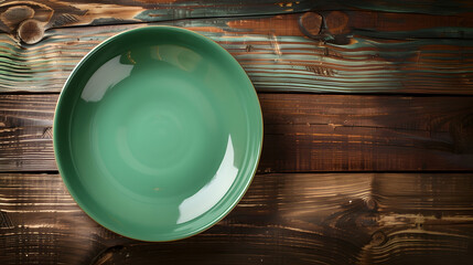 Poster - Top view of empty green plate on wooden background Empty space for your design : Generative AI