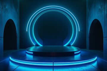 Poster - A 3D rendered image of a futuristic glowing blue neon circular portal in a dark, atmospheric room with two arches