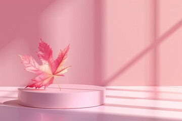 Poster - An artful composition of a pink autumn leaf laying on a round pastel pink podium with geometric shadows