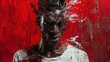 A man with a face covered in paint is the main focus of the image