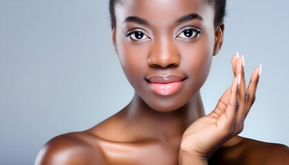 Wall Mural - Close-up of beautiful young woman, glowing dark skin, wet lip gloss, Beauty and sensualit.