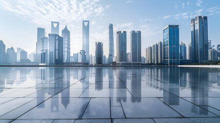 Poster - Panoramic skyline and modern buildings with empty floor in Suzhou China : Generative AI