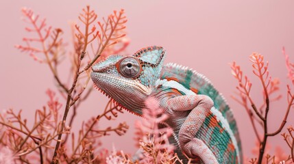  A tight shot of a chameleon perched on a tree branch, surrounded by red and pink blossoms
