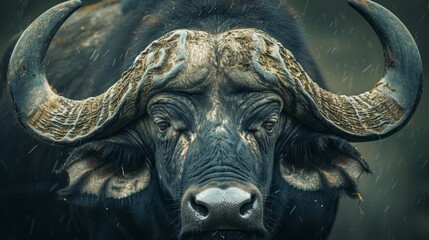 Poster -  A tight shot of a bull's massive head adorned with enormously long horns