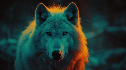   A tight shot of a wolf's face illuminated by blue and yellow light