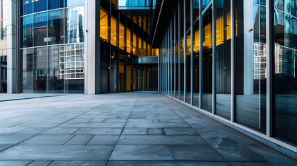 Poster - empty ground floor in front of modern office buildings in city  downtown district : Generative AI