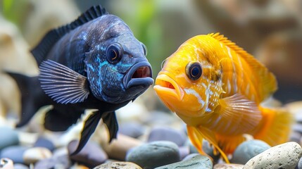  Two fish perched atop a rocky mound beside a body of water