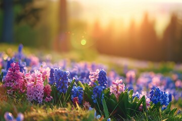 Poster - Vibrant hyacinths blooming under the golden light of a setting sun, depicting the beauty of spring and transformation