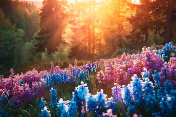 Poster - Magical sunlight filters through the dense forest canopy, casting a warm glow over a vivid field of purple flowers at dusk