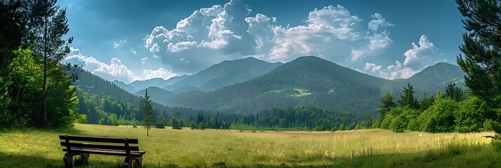 Wall Mural - mountains, green forest, meadow, blue sky and white clouds and with a bench for rest in the foreground realistic nature and landscape