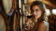 pretty young woman with wine, young woman with wine in the vinery, pretty woman drinking wine