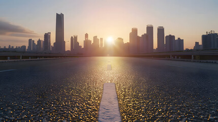 Poster - Straight asphalt road and modern city skyline with buildings in Guangzhou at sunset China : Generative AI