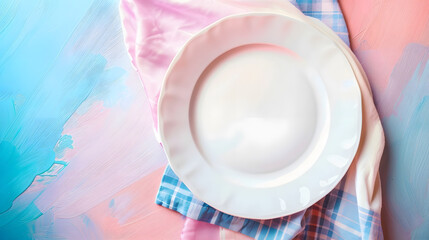 Poster - Top view on colored background empty round white plate on tablecloth for food Empty dish on napkin with space for your design : Generative AI